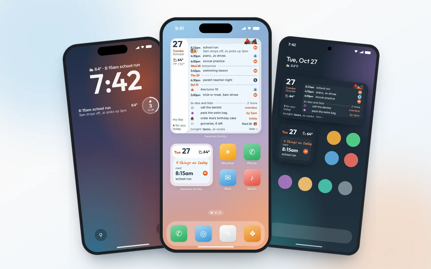 An iPhone lock screen, an iPhone home screen and an Android home screen, each showing beanies.family widgets with the day’s activities, to-dos and dinner.