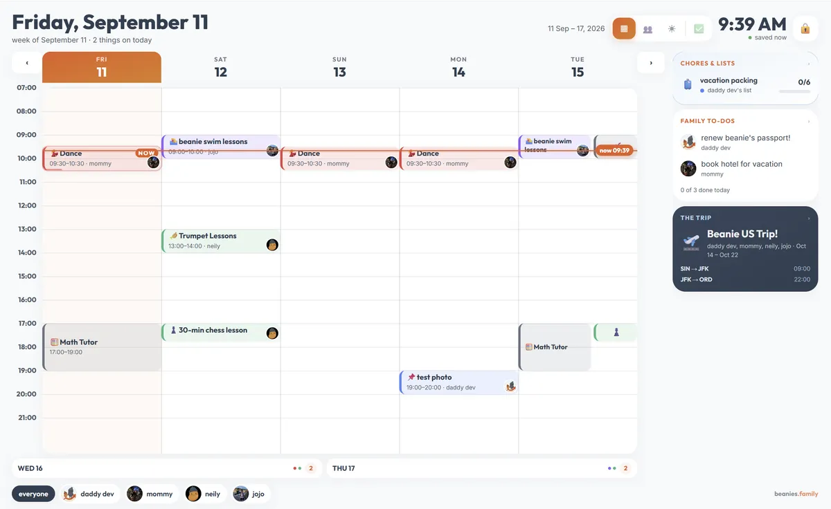 The beanie wall running on a tablet, showing the family week as a timetable of everyone's activities, with a packing list, a family to-do card and an upcoming trip card down the right-hand side