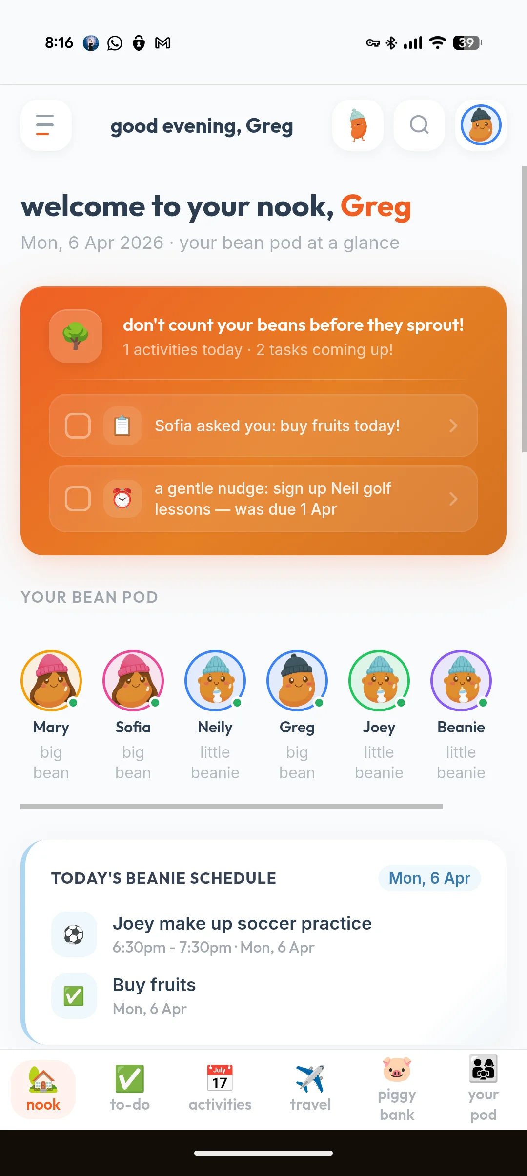 beanies.family nook showing the "buy fruits" to-do assigned by Sofia