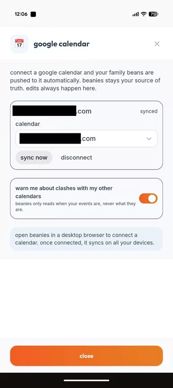 the beanies.family settings page showing the calendar box where you connect a google calendar