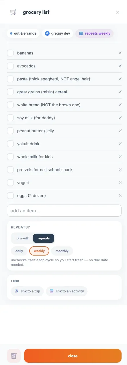 a recurring weekly grocery list in beanie lists that resets itself every saturday