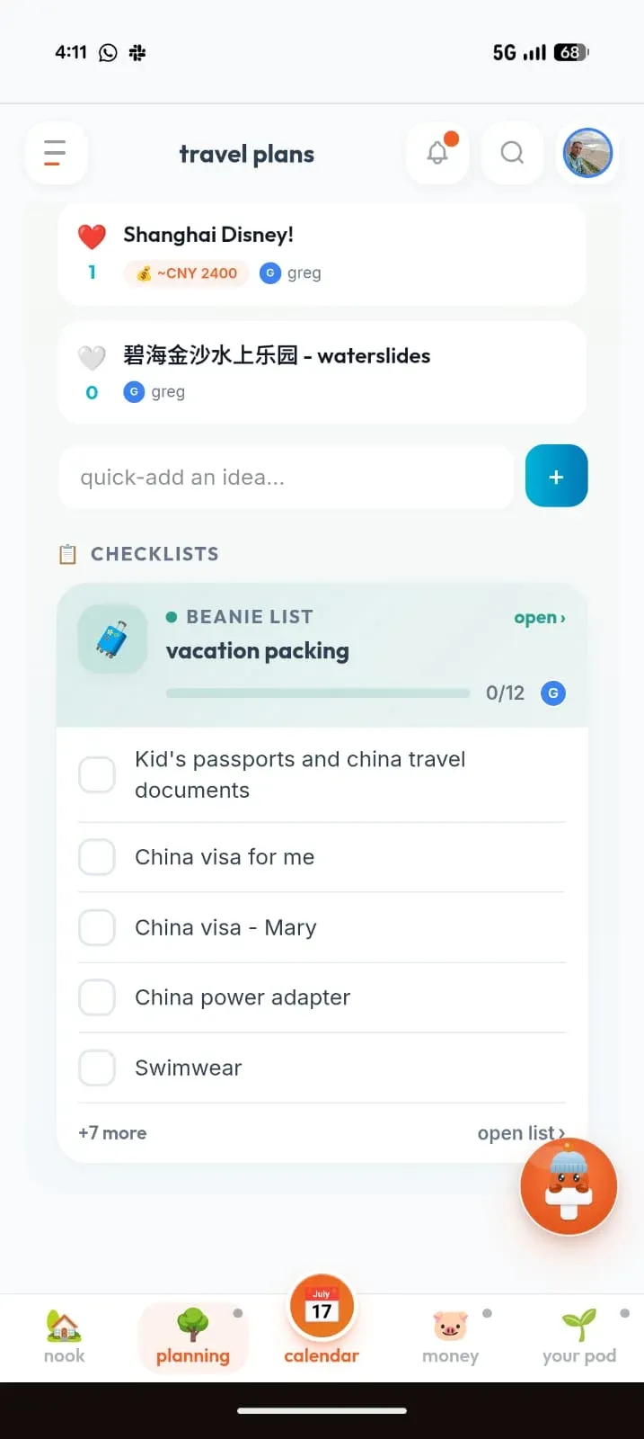 a dedicated vacation planner checklist attached to a China travel plan in beanies