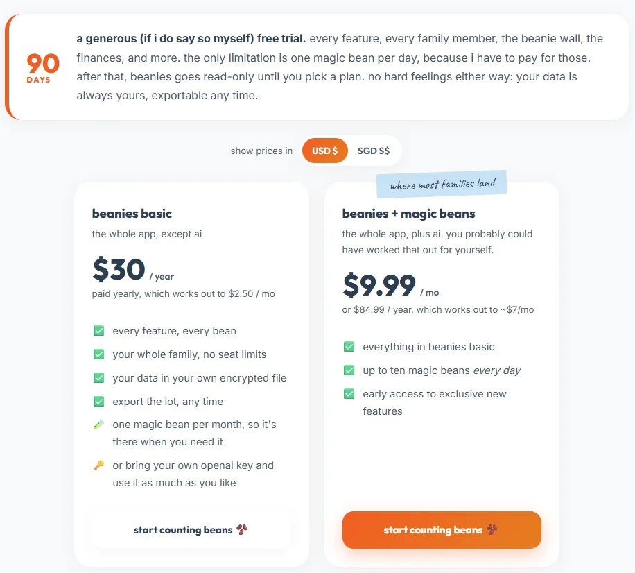 The beanies.family pricing plans side by side: beanies basic at $30 a year, and beanies + magic beans at $9.99 a month, tagged "where most families land"