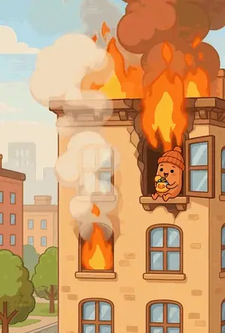 Animated cartoon: captain beanie, a smiling bean in a knitted hat and cape, flies out of a burning apartment window carrying a rescued baby beanie