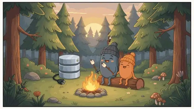 Two beanies in knitted hats roast marshmallows at a forest campfire beside a database server, until a bear sneaks up behind them and runs off with it