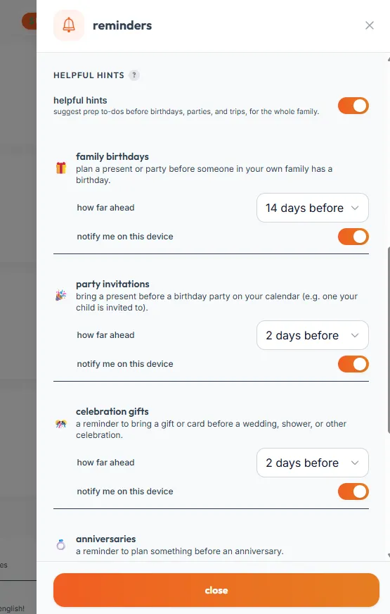 The Reminders section of beanies.family settings, showing toggles to enable or disable each type of helpful hint