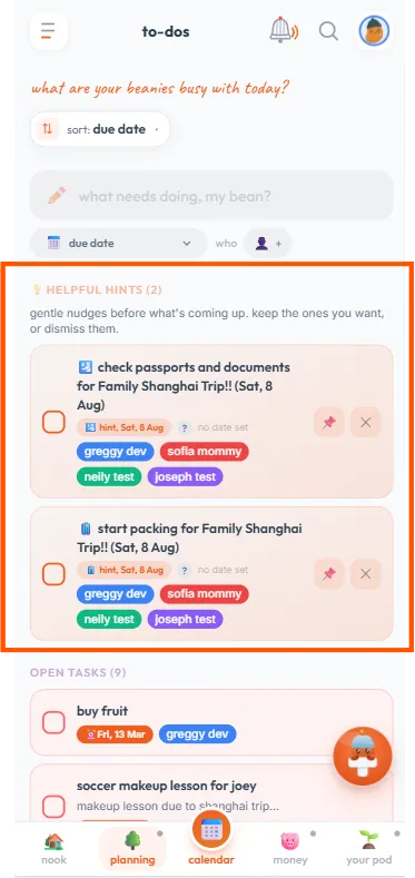 The beanies.family to-do list showing a Helpful Hints section with a visa reminder for an upcoming trip