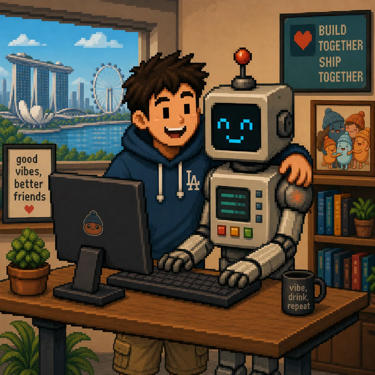 greg and a smiling robot sitting arm-in-arm at a desk in pixel-art style, coding together at a computer, with the Singapore skyline out the window and a "build together, ship together" poster on the wall