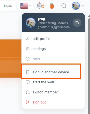 The beanies.family profile dropdown menu with the "sign in another device" item highlighted, between help and start the wall