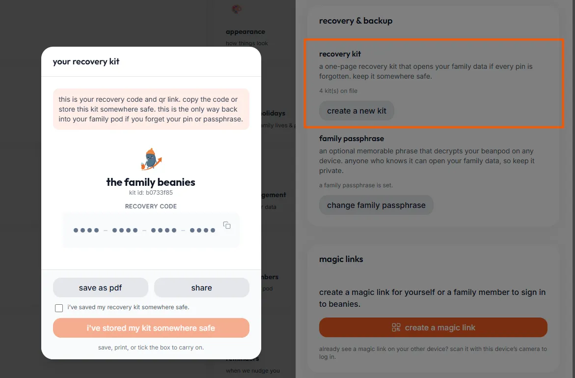 The recovery & backup section in beanies.family settings with the recovery kit card highlighted, and the "your recovery kit" dialog open for the family beanies with the recovery code masked, and save as pdf and share buttons