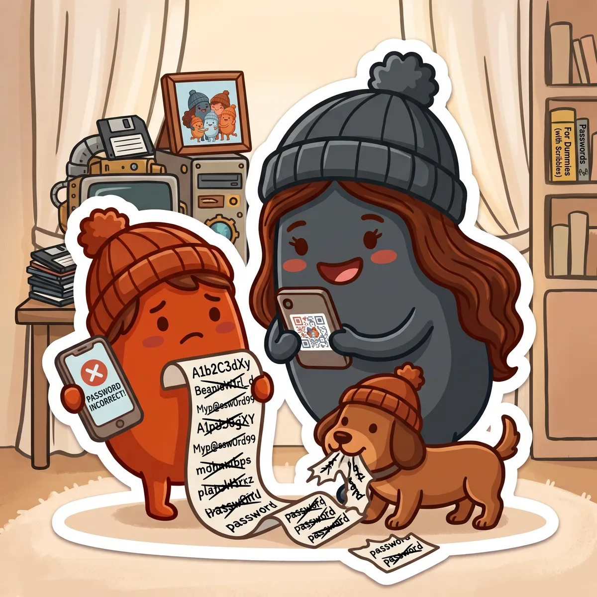Two cartoon beanies in knitted hats: one holds a phone saying password incorrect and a scroll of crossed-out passwords, the other smiles and holds up a phone showing a QR code, while a dachshund in a hat chews the last password note