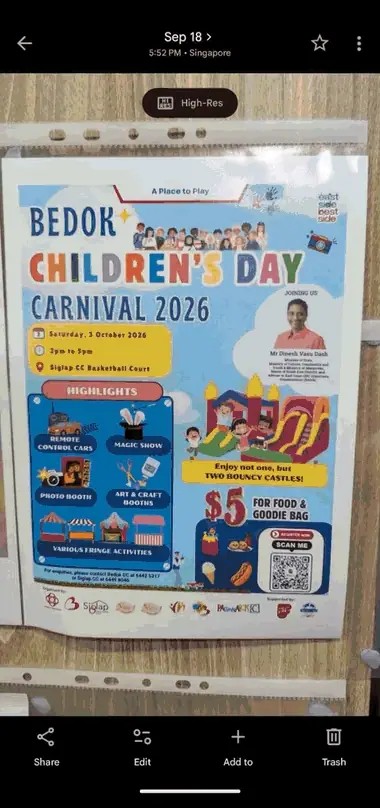 Animated phone recording: the carnival flyer photo is shared from the gallery to beanies.family, magic beans read it, and a filled-in activity appears on the family calendar with the date, time, location and notes