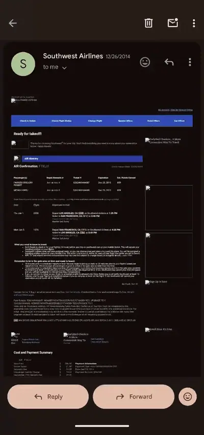 Animated phone recording: an airline confirmation email is shared to beanies.family and becomes a travel plan with the flights, times and notes filled in