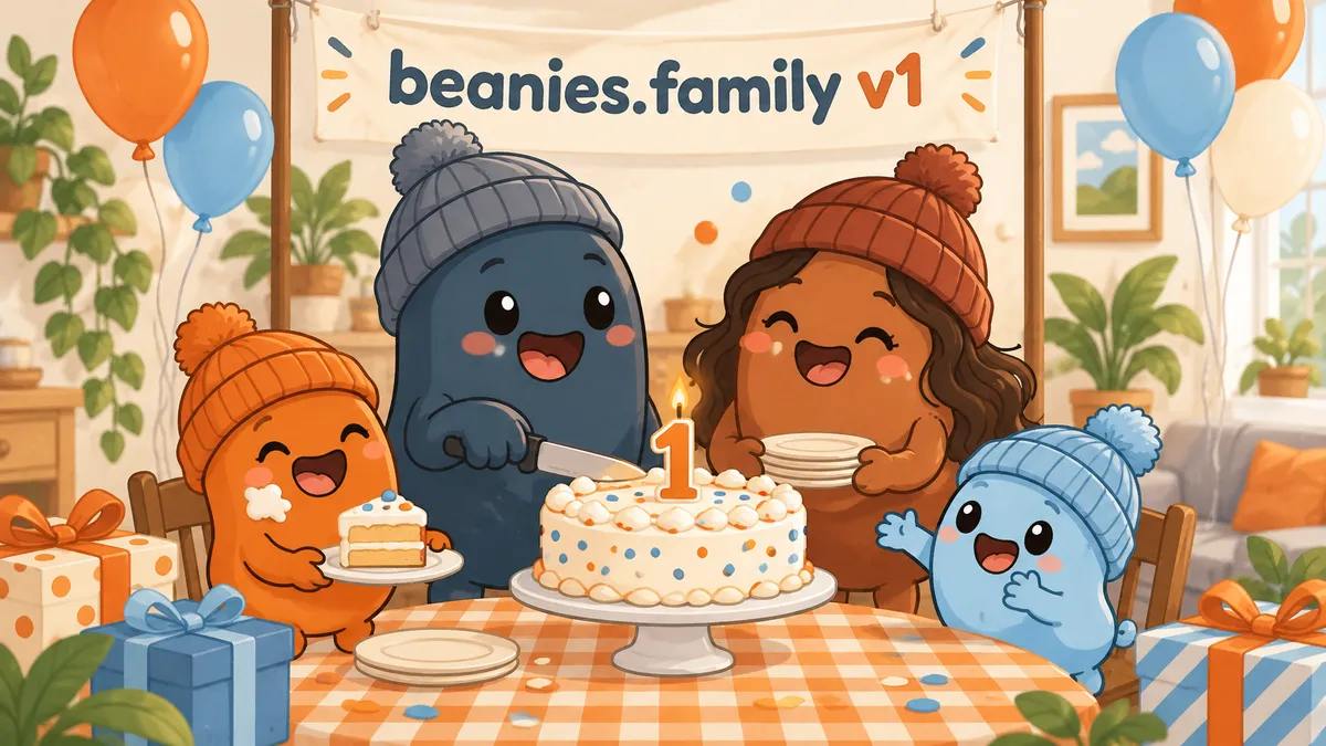 Four beanies in knitted hats celebrate around a cake with a number 1 candle under a beanies.family v1 banner