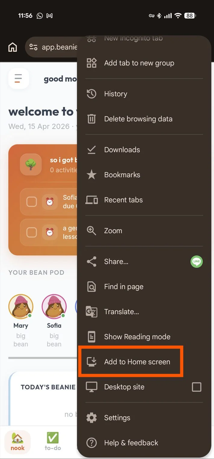 Chrome on Android with the three-dot menu open, showing Install app