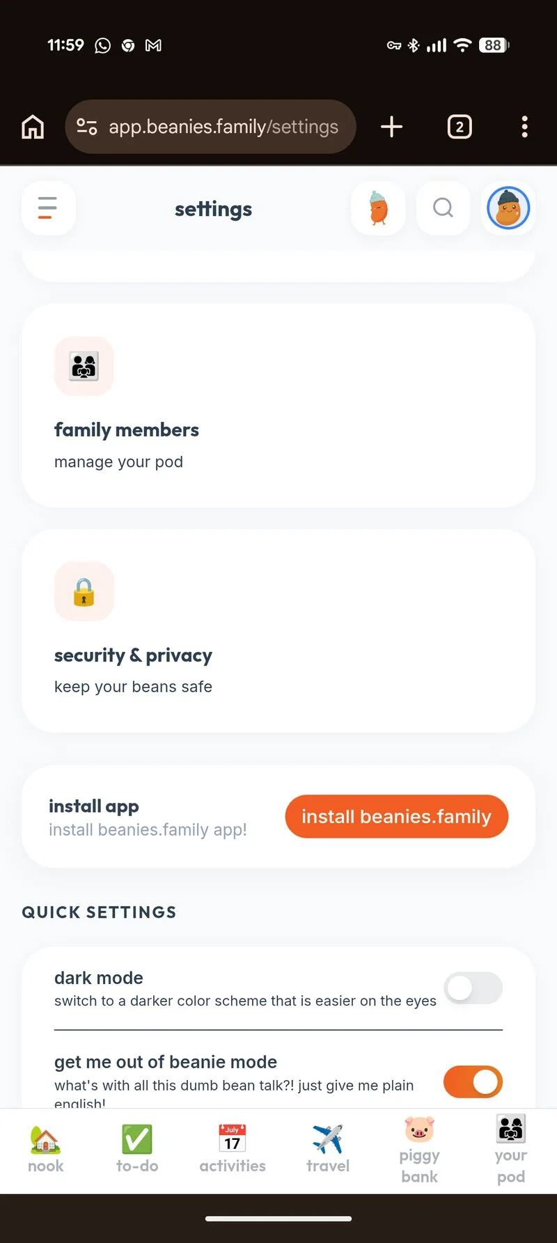 The Install App section in beanies.family Settings with the Install beanies.family button