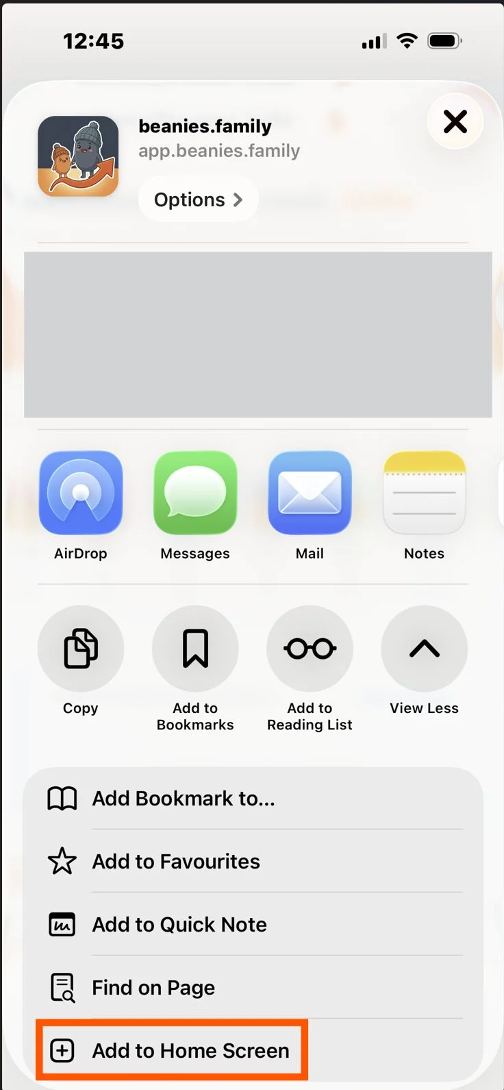 The iOS share sheet with Add to Home Screen highlighted