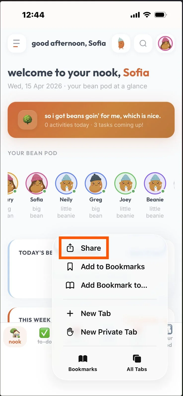 Safari browser with the Share button highlighted at the bottom